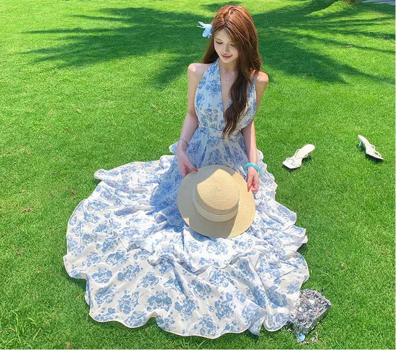 Blue Floral Fairycore Coquette Maxi Dress