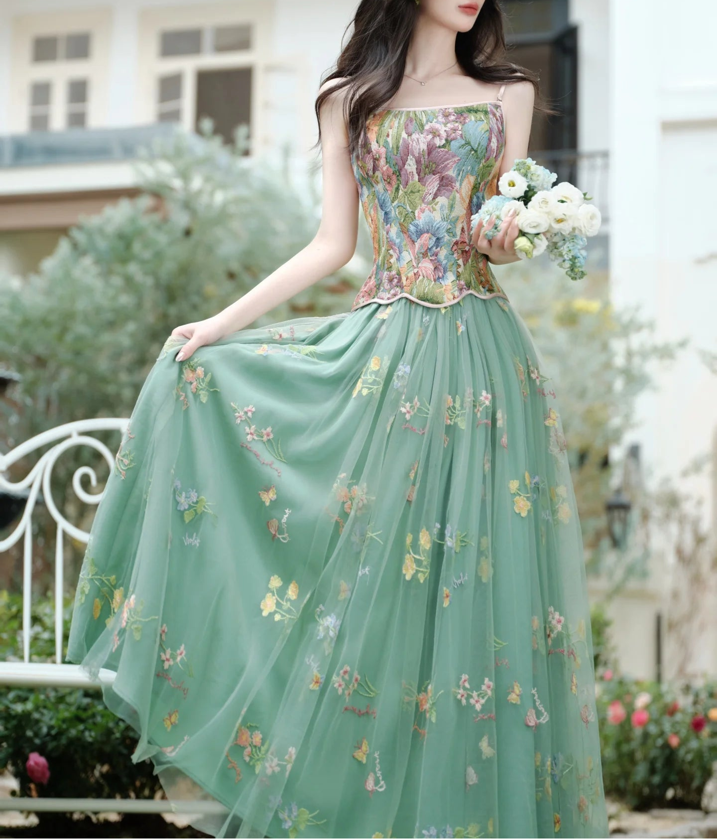2-Piece Flower Embroidered Green Fairy Dress Set fairy dresses