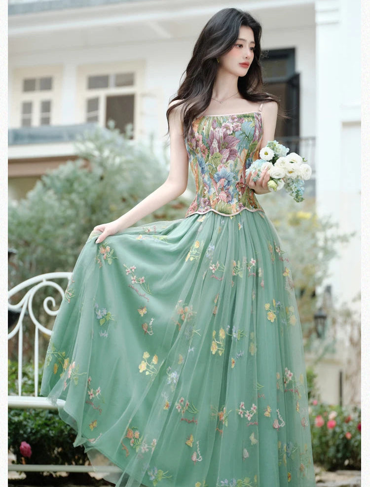 2-Piece Flower Embroidered Green Fairy Dress Set fairy dresses