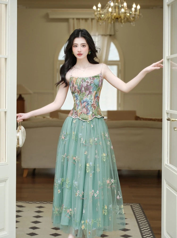 Fae Enchantment 2-Piece Flower Embroidered Green Fairy Dress Set