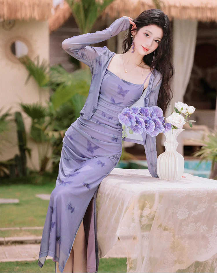 2-Piece Y2K Butterfly Slip Dress + Cardigan Set