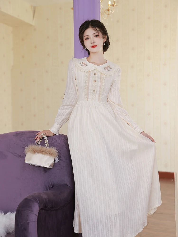 Lotus Angel Vintage-Inspired Dress with Embroidered Peter Pan Collar