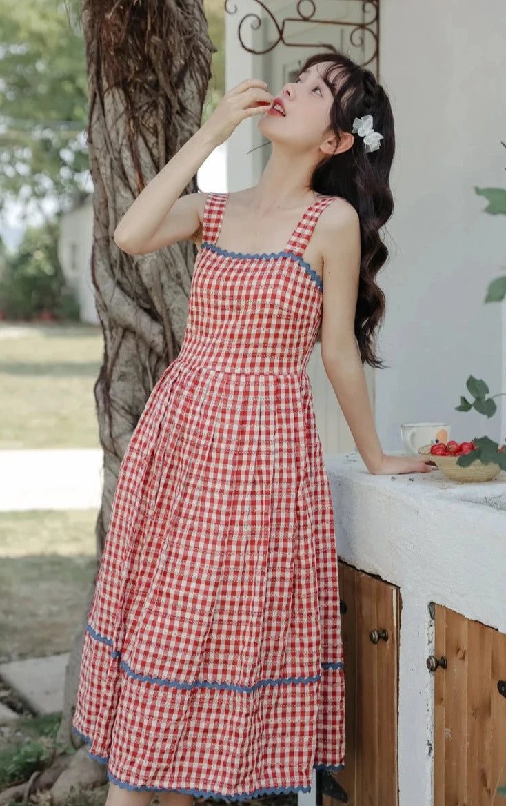Cherry Garden Plaid Cottagecore Dress