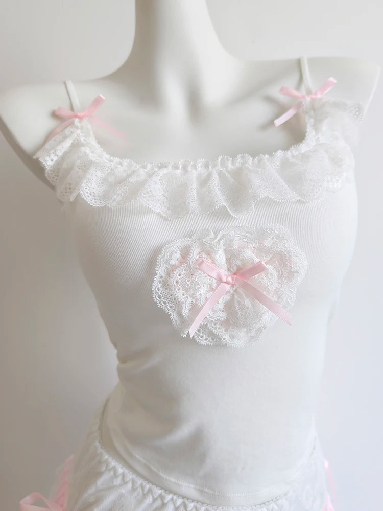 Sweetheart Diary Coquette Lace Ruffle Tank Top with Pink Bows