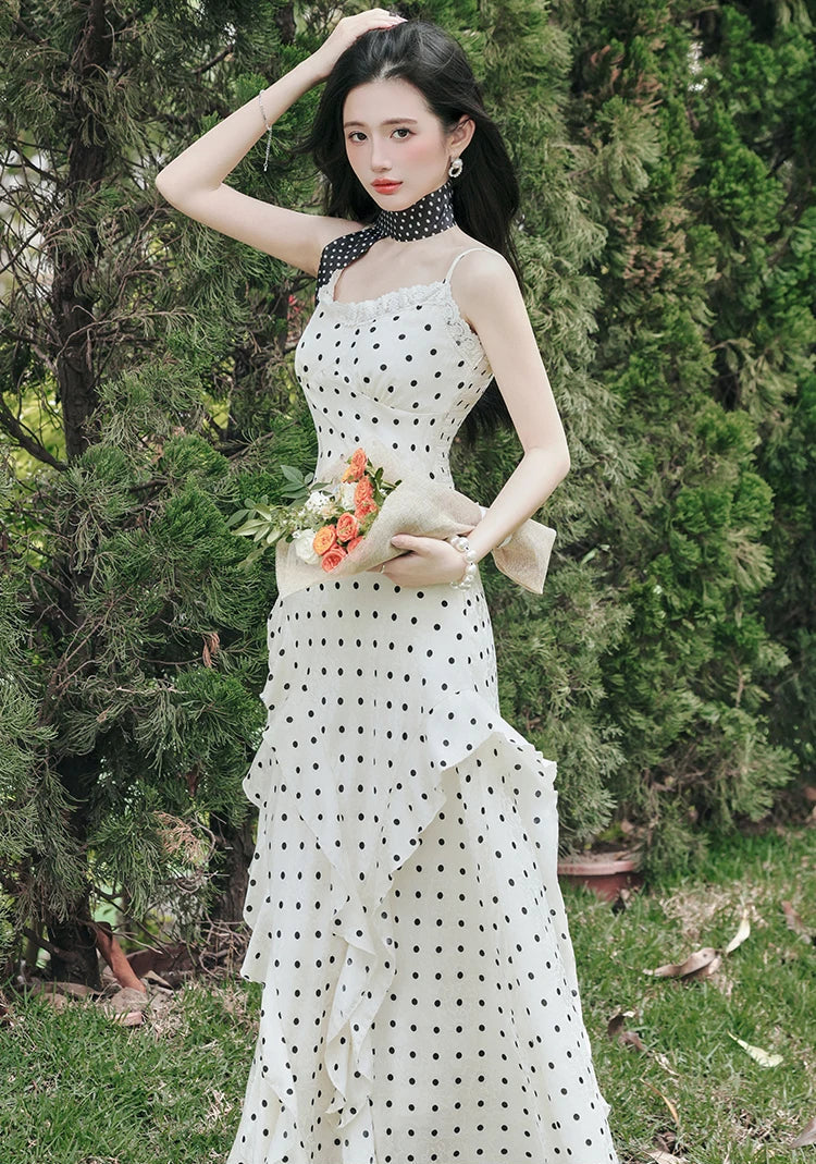 Lucy Coquette Polka Dot Maxi Dress 2-Piece Set (Dress+Scarf)