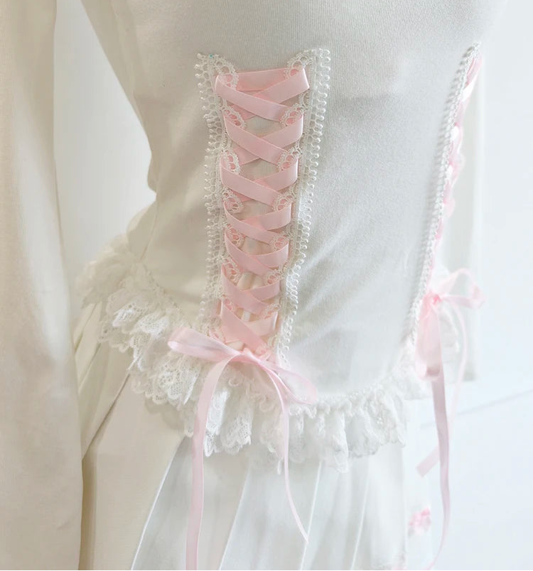Pink/White Coquette Long Sleeve Lace-Up Kawaii Top