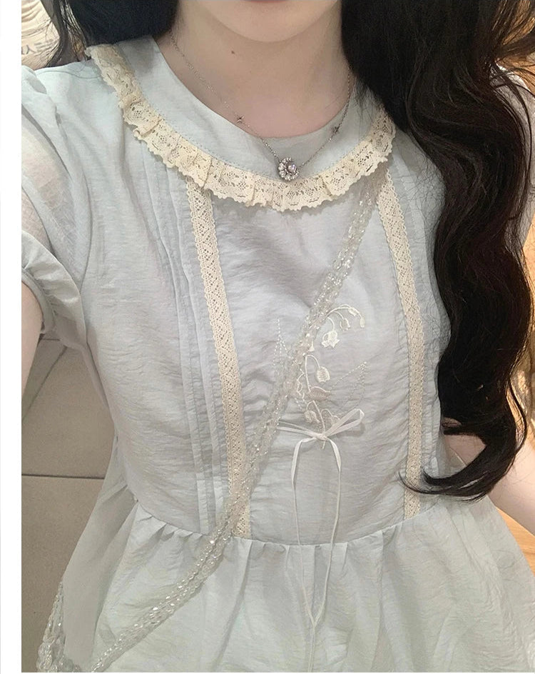 Lily of the Valley Embroidered Baby-Blue Dollcore Dress