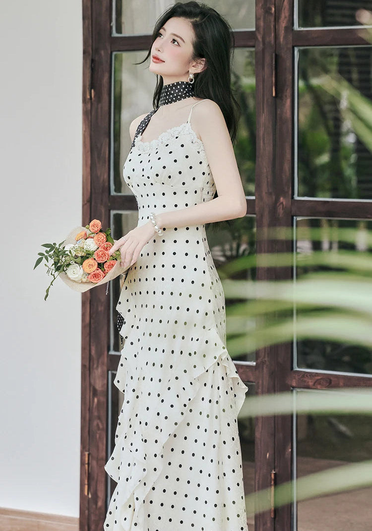 Lucy Coquette Polka Dot Maxi Dress 2-Piece Set (Dress+Scarf)