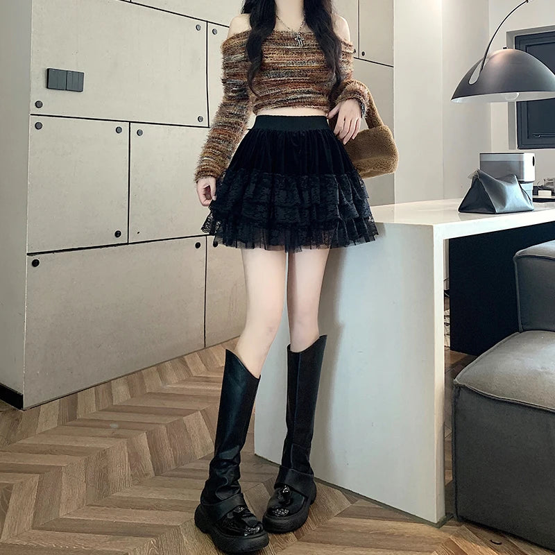 Mitah Velvet & Lace Goth Mini Skirt