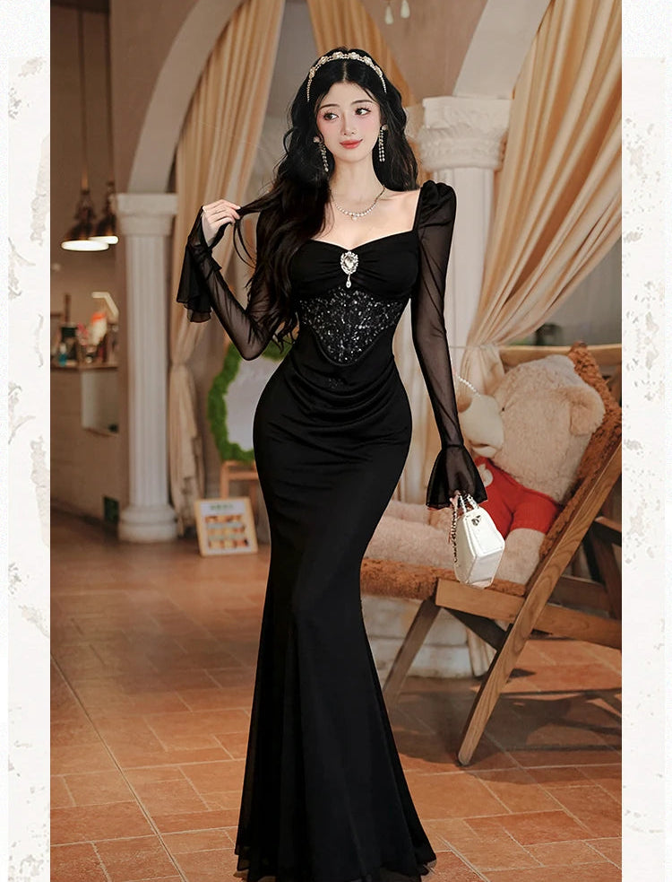 Dark Siren Dark Aesthetic Gown - Gothic Glamour Maxi Evening Dress