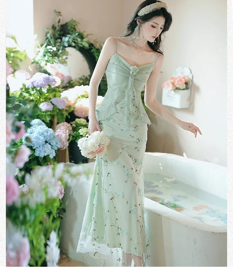 green coquette dress Spring Romantic Coquette Cottagecore Floral Embroidery Dress soft girl
