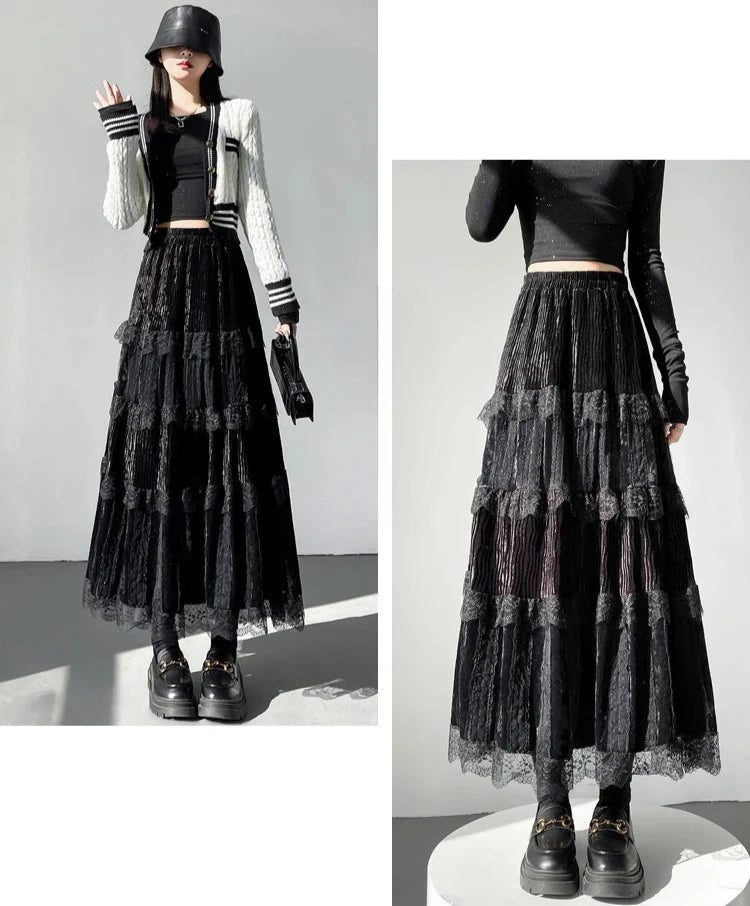 Lulu Vanilla Long Fairycore Tiered Lace Skirt