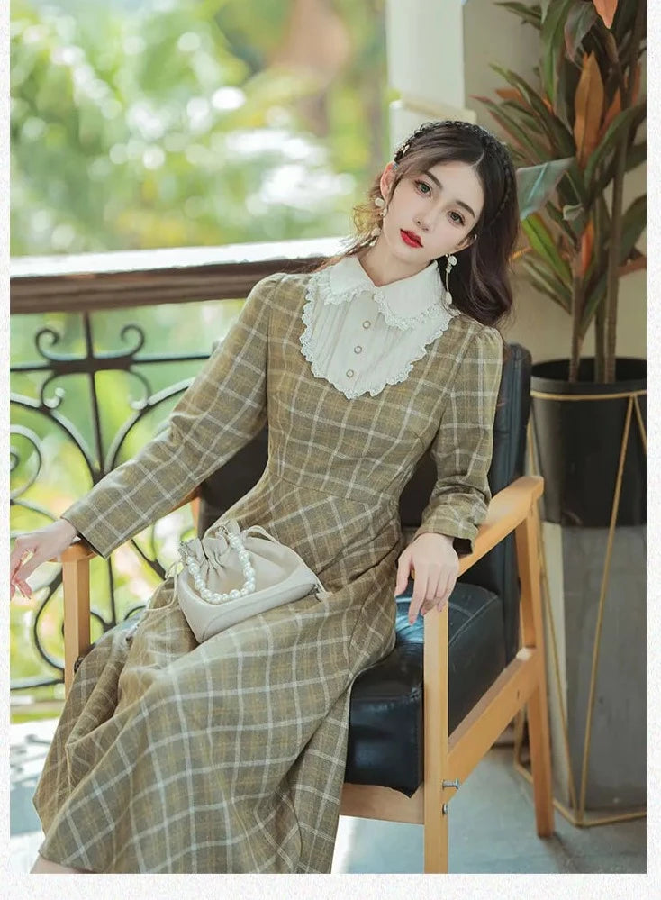 Olive Grove Plaid Vintage Academia Dress