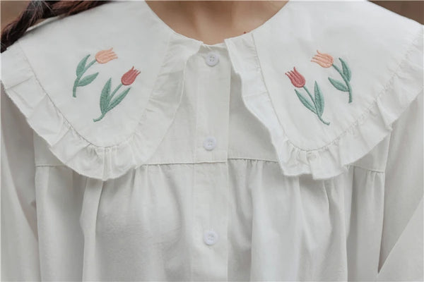 Tulip Embroidered Cotton Cottagecore Shirt