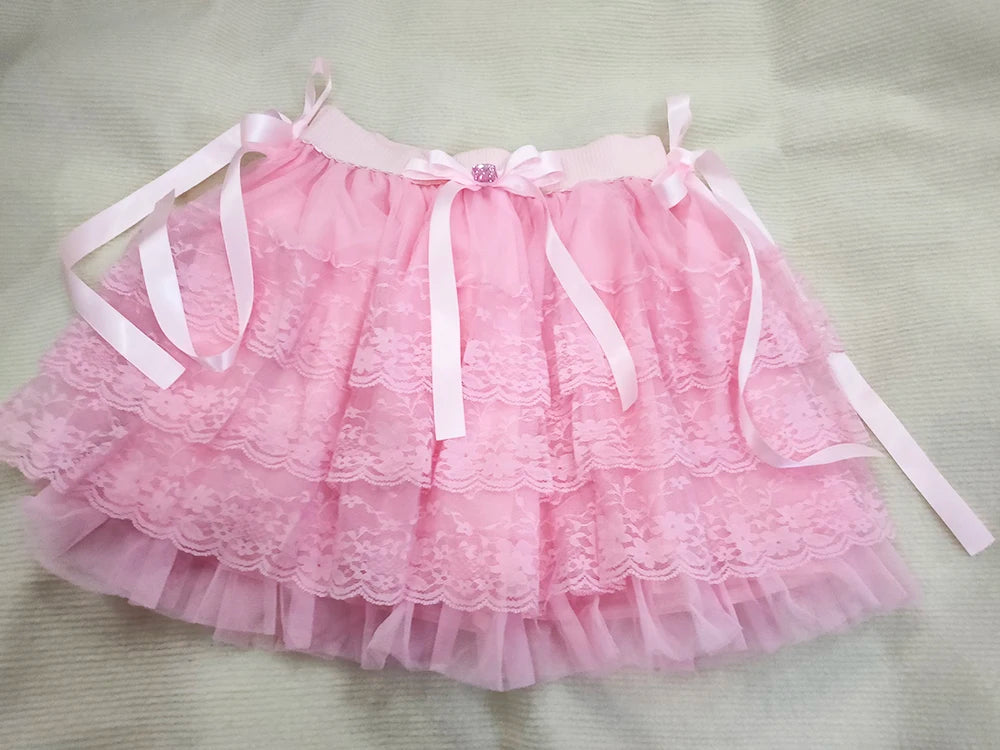 PinkBubble Princess Coquette Style Lace Bow Mini Skirt