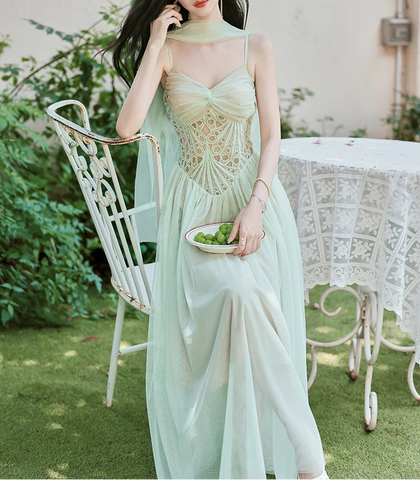 Seafoam-Green Fairy Princess Dress with Scarf