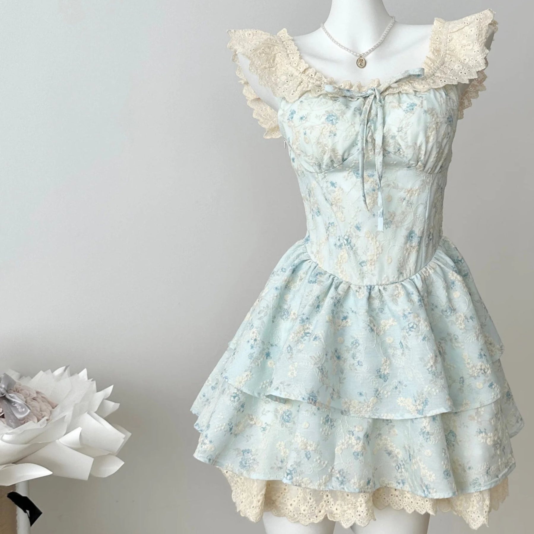 Blue Floral embroidery Lace Coquette Dress coquette fashion style Blue Floral embroidery Lace Coquette Dress coquette fashion style