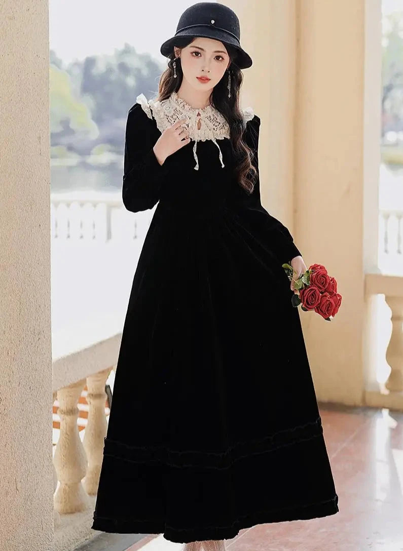 black velvet gothic dress Black Velvet Off-Shoulder Gothic Lolita Ball Gown with Vintage Victorian Brooch Plus Size Size 24W / Teal Green