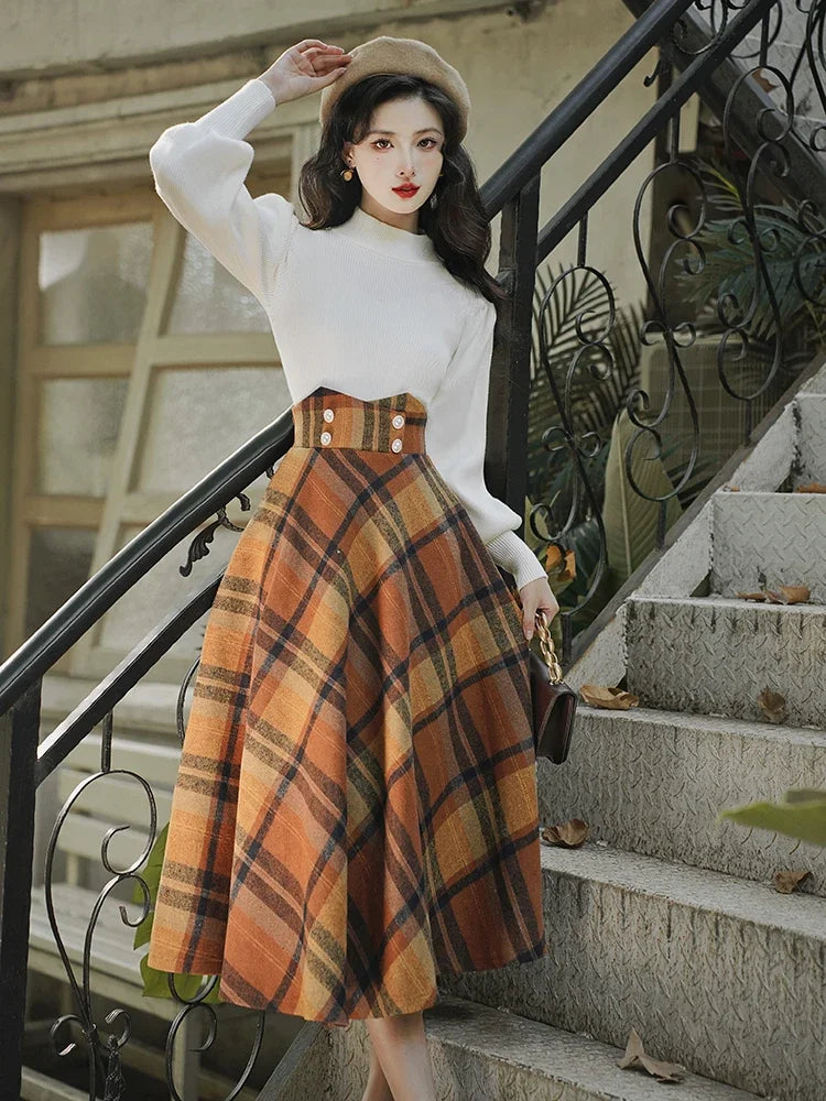 Katelyn Dark Academia Wool A-line High Waist Plaid Midi Skirt