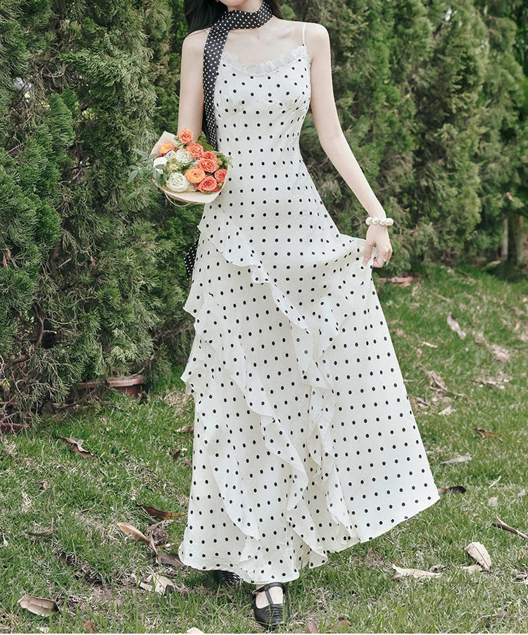 Lucy Coquette Polka Dot Maxi Dress 2-Piece Set (Dress+Scarf)