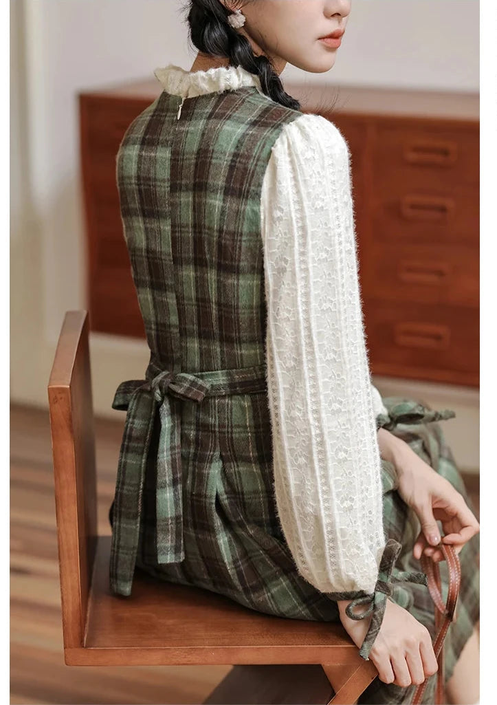 Slower Life Plaid Long Sleeve Cottagecore Dress