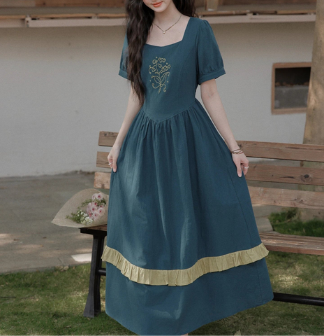 Drusilla Dark Cottagecore Flower Embroidery Dress