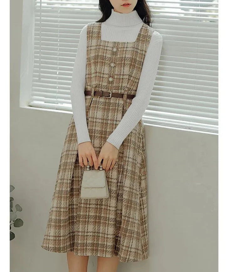 Denisa Dark Academia Plaid Wool Pinafore Dress with Belt