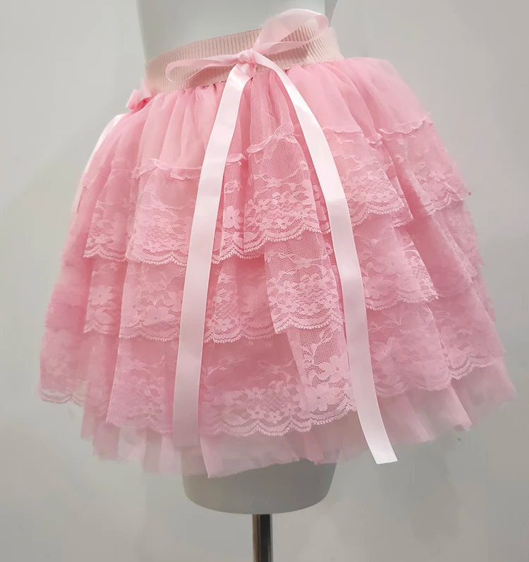 PinkBubble Princess Coquette Style Lace Bow Mini Skirt