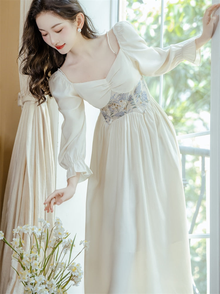 Frozen Petals Fairycore Princess Dress with Pearl Shoulder Straps