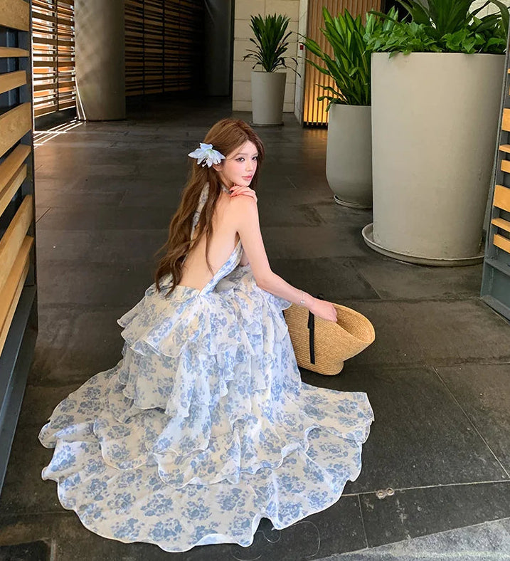 Blue Floral Fairycore Coquette Maxi Dress