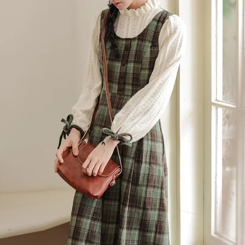 Slower Life Plaid Long Sleeve Cottagecore Dress