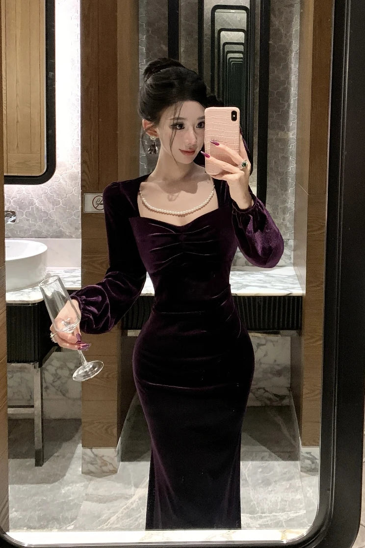 Purple Roseriver Pearl Chain Velvet Dress
