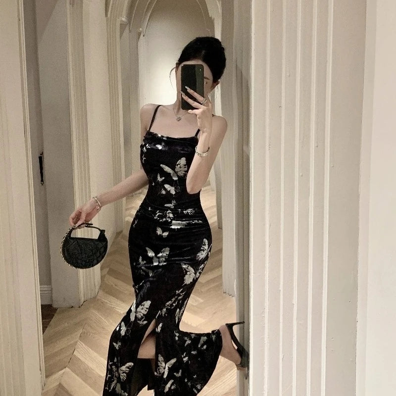 Dark Butterfly Velvet 90s Minimalist Style Slip Dress