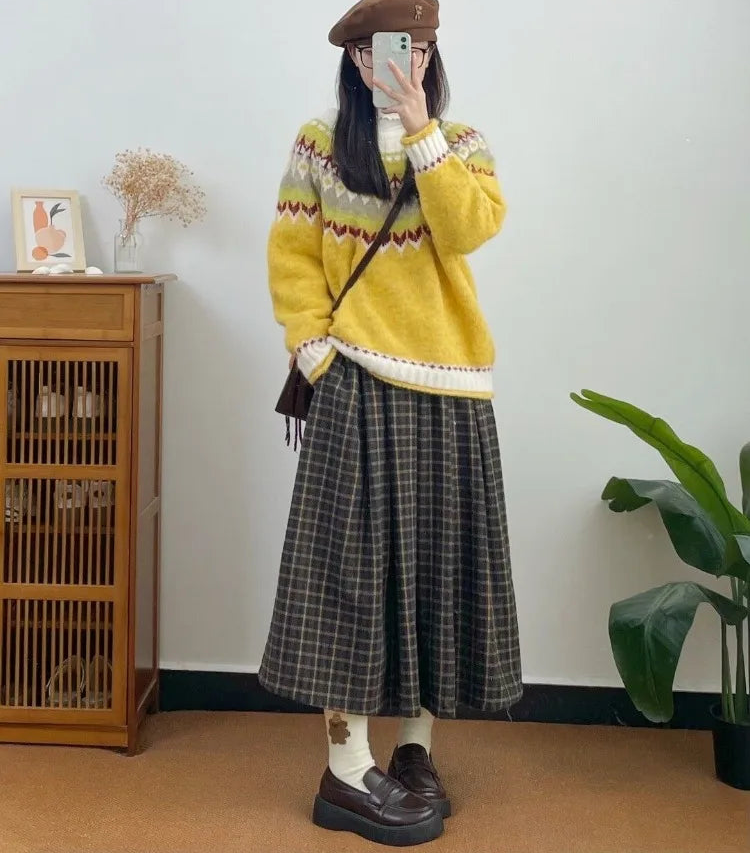 Winter Fog Wool Dark Academia Plaid Midi Skirt