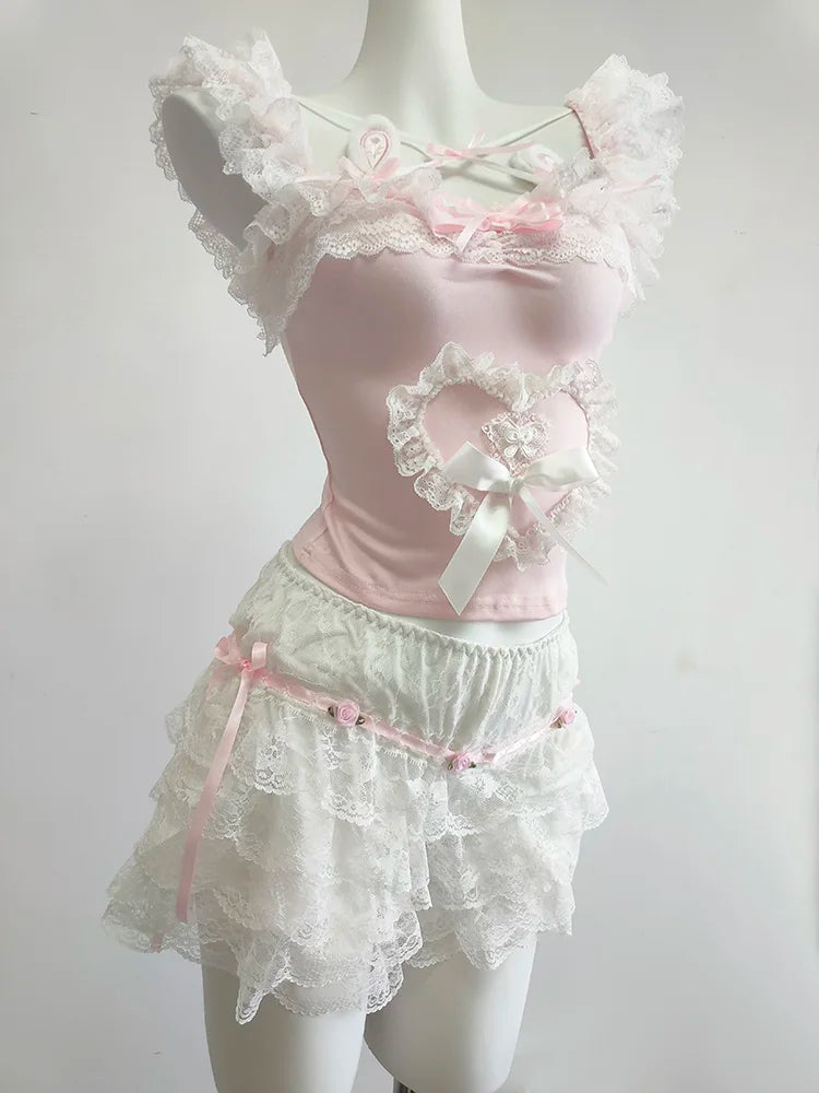 Wonder-hop Pink Coquette Bustier Top with Bunny Ears and Lace Ruffles