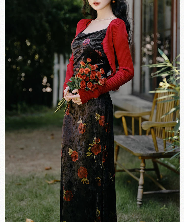 2-Piece Crimson Rose Tale Dark Cottagecore Dress Set