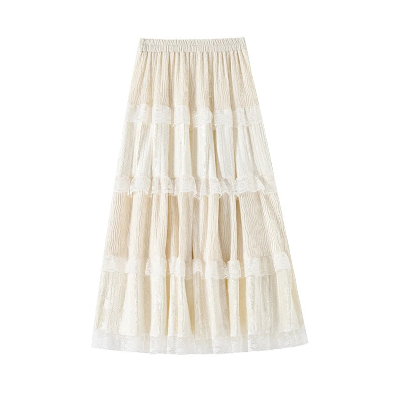 Lulu Vanilla Long Fairycore Tiered Lace Skirt