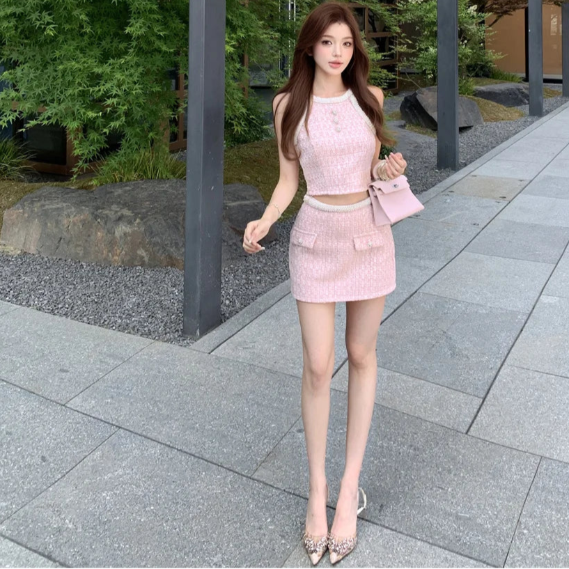 Pastel Pink Coquette 2-Piece Tweed Set