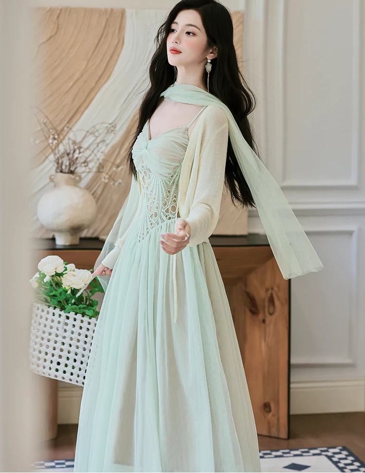 Seafoam-Green Fairy Princess Dress with Scarf