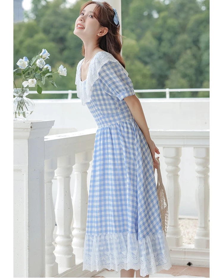 Heidi Plaid Blue Cottagecore Dress