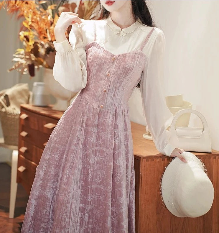 Retro Fairy-core Romantic Royalcore Vintage Mauve Pink Velvet Dress