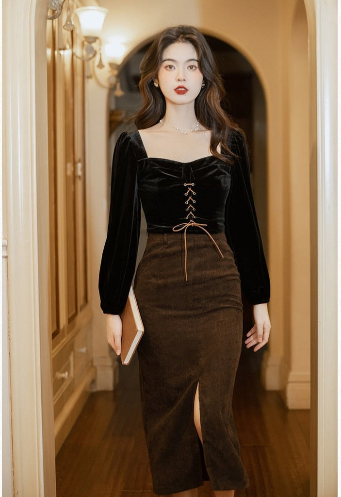 Dark Academia 2-Piece Set Gothic Dark Velvet Bustier