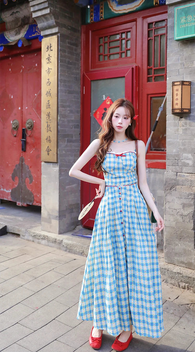 2-Piece Blue Plaid Picnic Dress Set