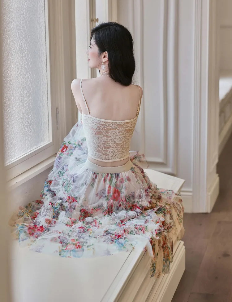 Elainna 3-Piece Outfit - Lace Bustier Top + Floral Ruffle Skirt + Cardigan