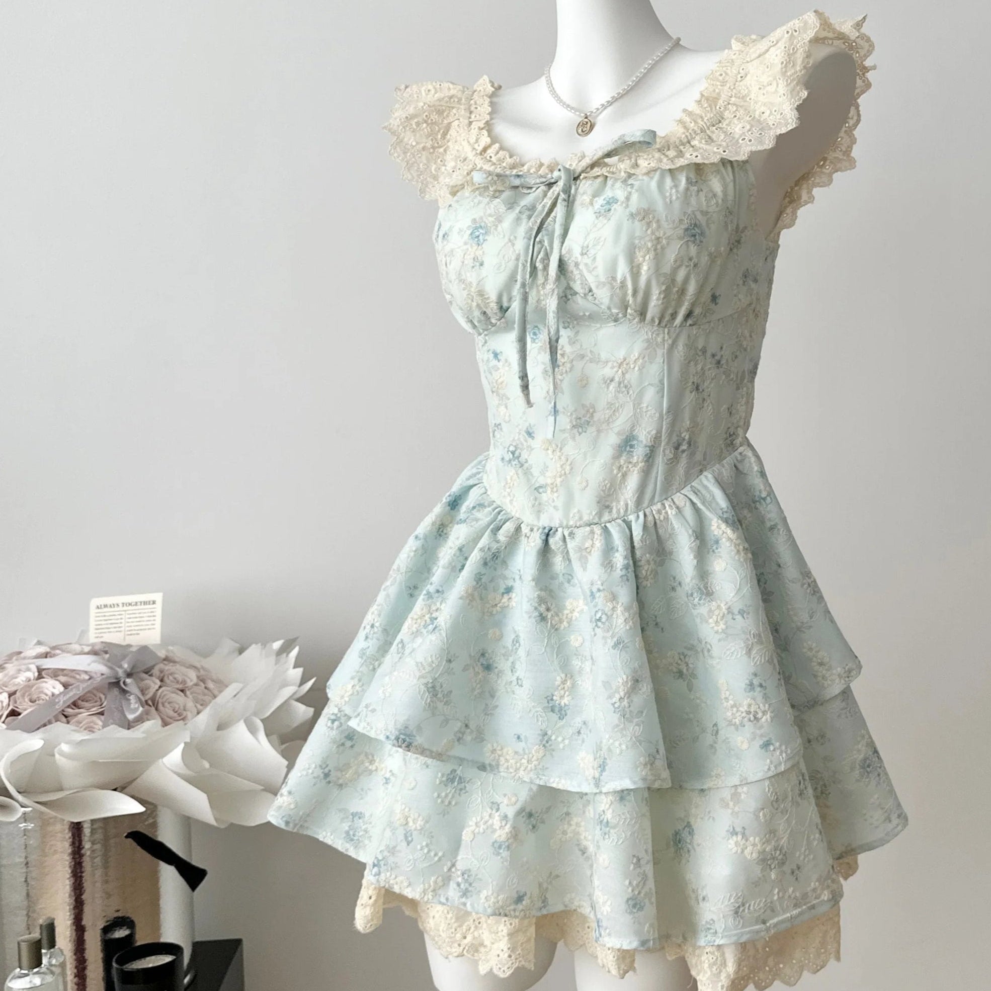 Blue Floral embroidery Lace Coquette Dress coquette fashion style Blue Floral embroidery Lace Coquette Dress coquette fashion style