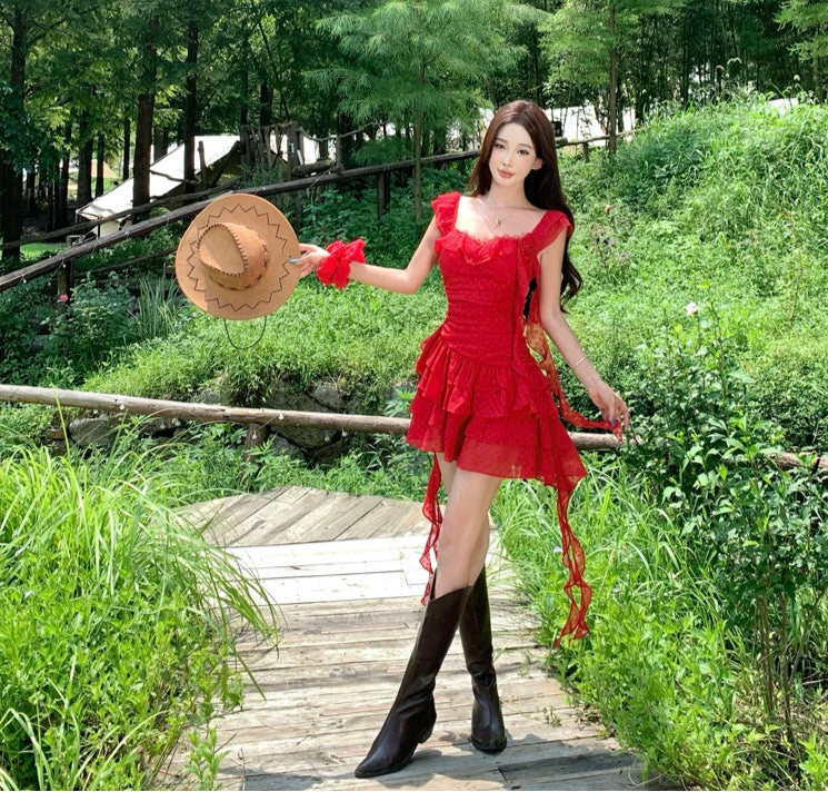 coquette dress red Red Velvet Ribbon Corset Dress -Coquette Winter Aesthetic Outfit Red / S
