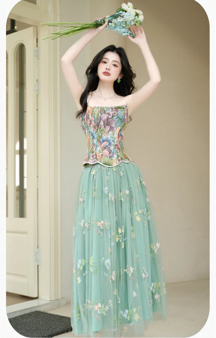 Fae Enchantment 2-Piece Flower Embroidered Green Fairy Dress Set