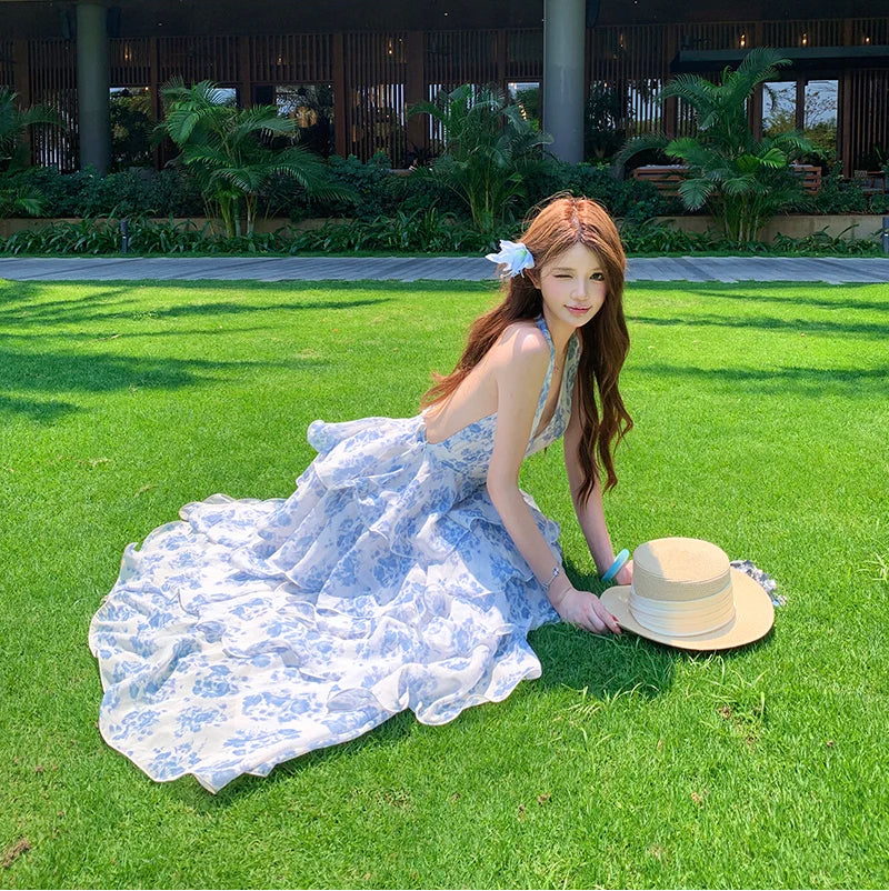 Blue Floral Fairycore Coquette Maxi Dress