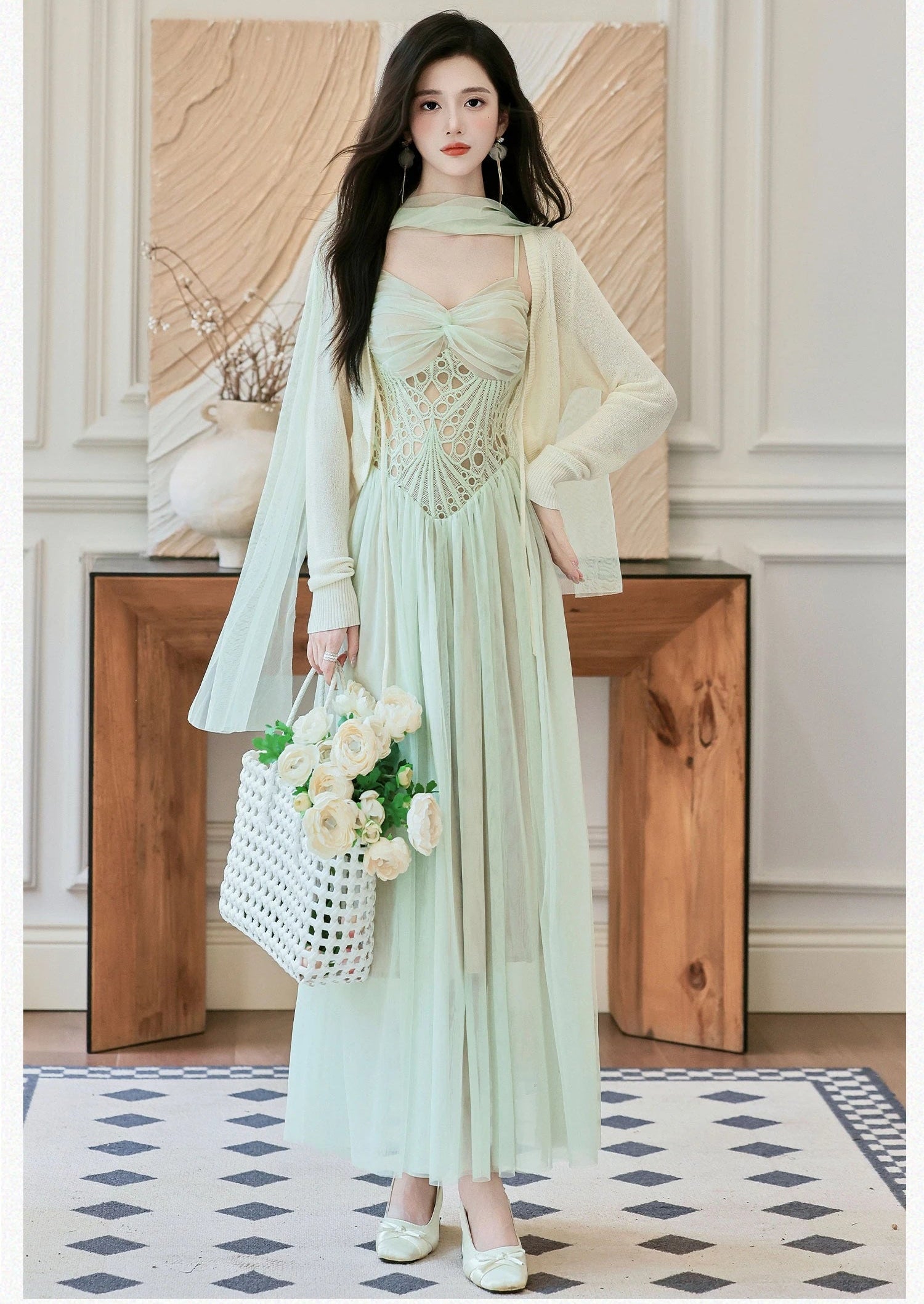 Seafoam-Green Fairy Princess Dress with Scarf
