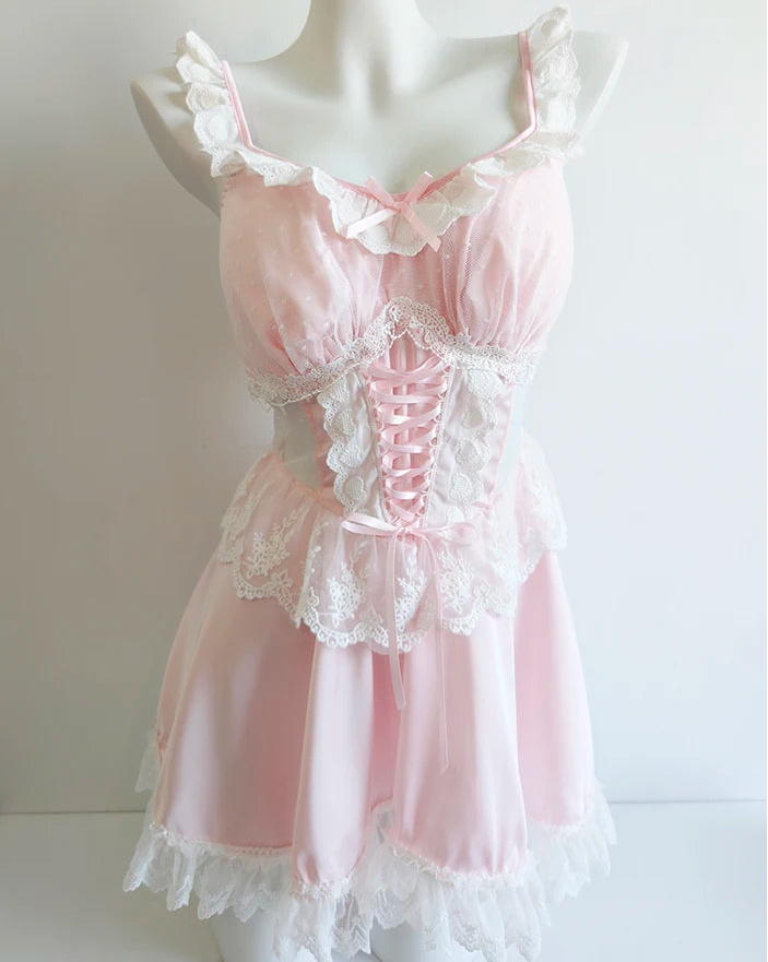 Pink Lace-Up Coquette Dress